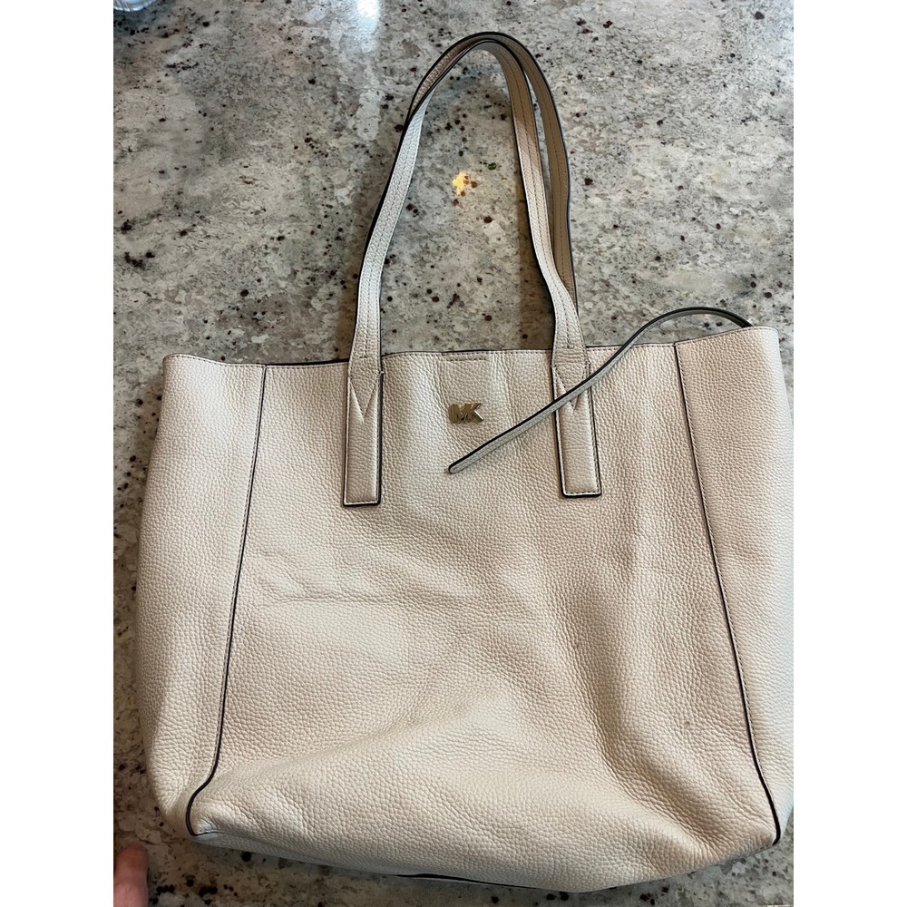 Michael Kors Cream Pebbled Leather Tote Bag Gold MK‎ Logo Shoulder Bag